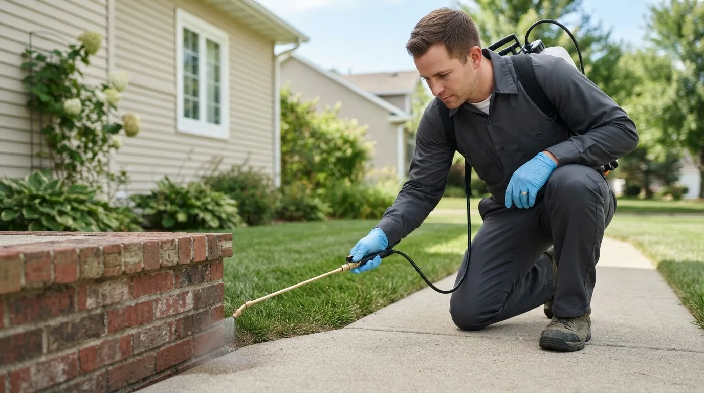 Pest control technician treating a home near Portland, MI